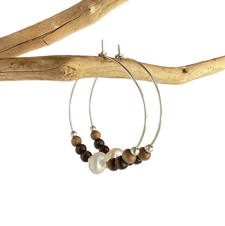 Sterling silver hoop earrings with wooden beads, freshwater pearls and sterling beads